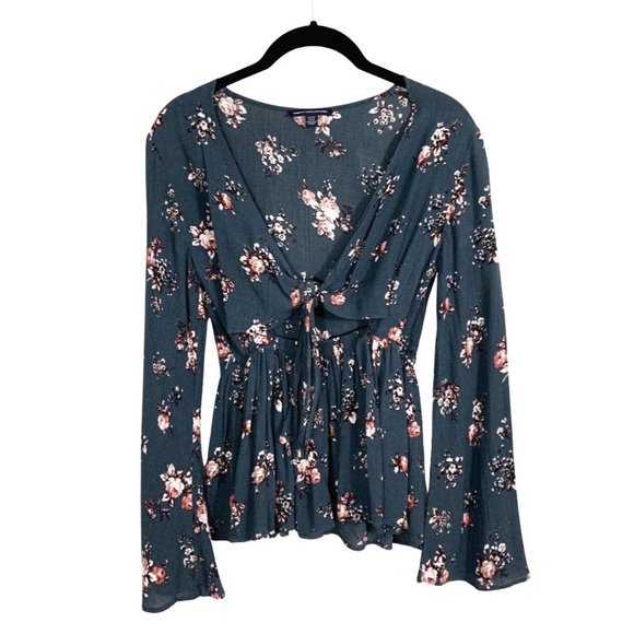 American Eagle Outfitters Tops - Floral Tie Front Peekaboo Long Bell Sleeve Blouse